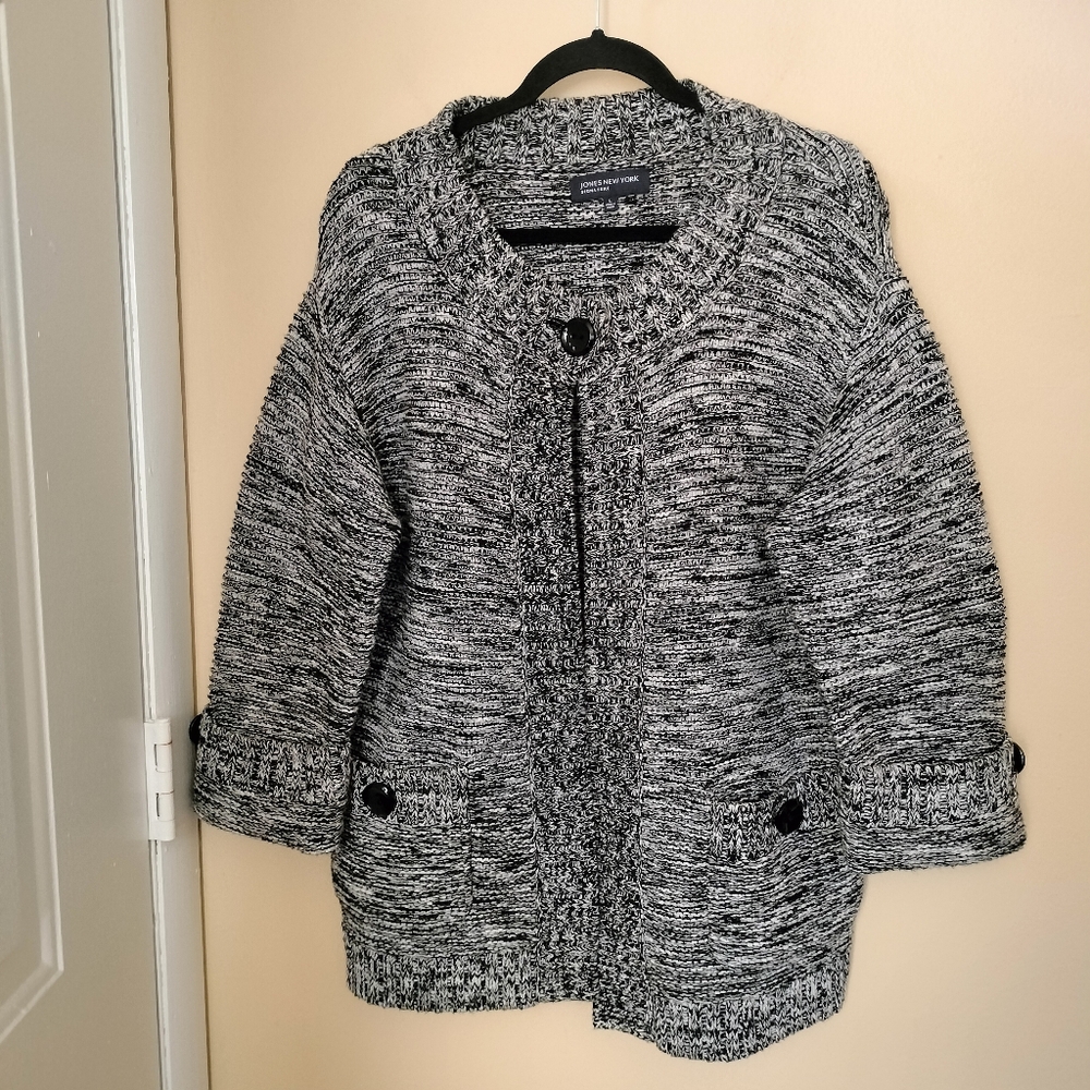 Jones New York Black White One Button Knit Cotton Blend Cardigan L Office Travel